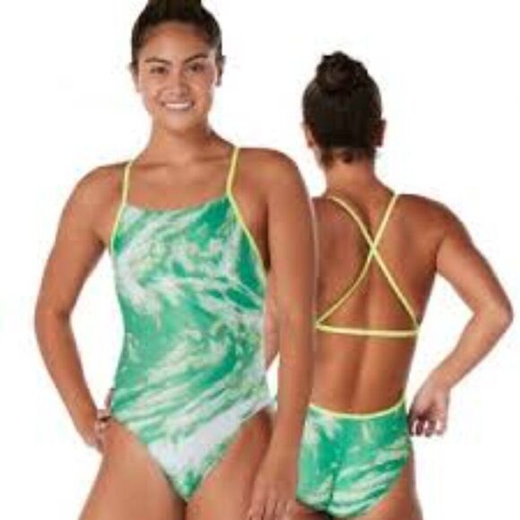 Speedo Cyclone Swirl Flyback Performance Swimsuit Green Size 12 NWT - Picture 1 of 6